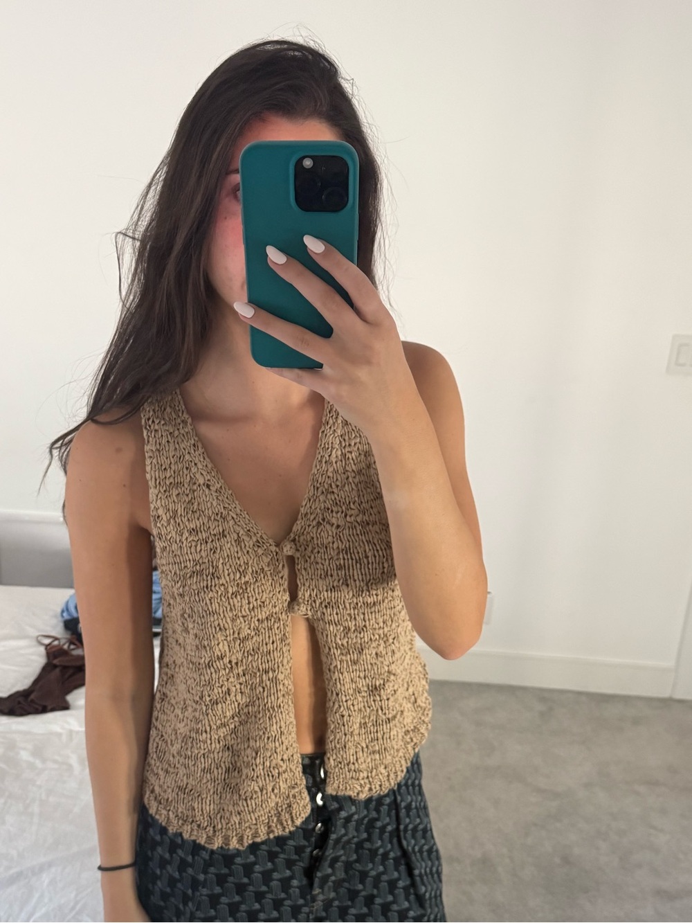Zara Chunky Knit V-Neck Crochet Vest in brown